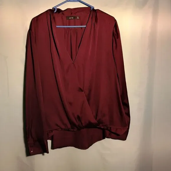 Elegant Burgundy Satin Wrap Blouse – Long Sleeve V-Neck Top - Picture 1 of 4
